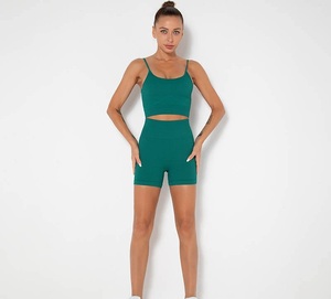 Women's Super Quality Ribbed <b>Yoga</b> Short <b>Set</b> Gym Workout Fitness Bra and Shorts <b>Set</b> - Product Image 1