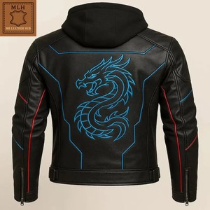 Chaqueta de Cuero para Motociclista con Capucha y Bordado de Dragón para Hombre, Chaqueta de Cuero Personalizada con Capucha para Motocicleta - Product Image 4