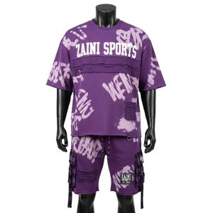 Ensemble t-shirt et short pour homme en jersey de coton premium, doux, respirant, tie-dye violet, panneaux superposés, logo personnalisé - Product Image 1
