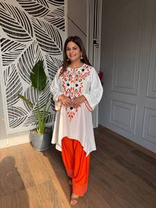 Indian Pakistani Cotton Set Batwing Sleeve Sun Protection <b>Kurta</b> Palazzo Pants Floral Chestwear Outfit for <b>Women</b> - Product Image 5