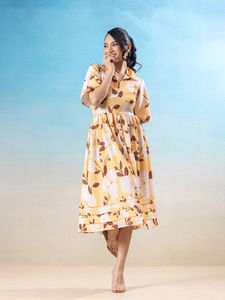 Yellow White Floral Print Loose Turn-down Collar Hand Block Printed Floral Cotton Midi <b>Dress</b> Elegant <b>Boho</b> <b>Summer</b> Outfit - Product Image 3