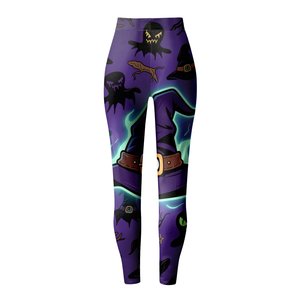 High Waist Capris <b>Leggings</b> with Witch Cartoon Heat-Transfer Printed Stretch <b>Knitted</b> Spandex Women's Sporty 220g All Seasons - Product Image 2