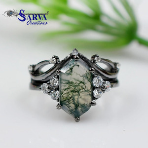 Anillo de Plata de Ley 925 con Moissanita de Corte Redondo y Ágata Musgosa, Anillo Clásico de Compromiso y Boda para Mujer - Product Image 2