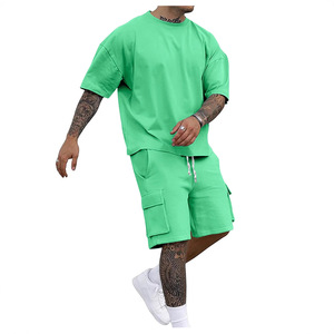 Conjunto de Dos Piezas para Hombre, Talla Grande, Verano, Ecológico, Tejido de Poliéster/Spandex con Pedrería, Camiseta Holgada Informal y Pantalones Cortos - Product Image 1