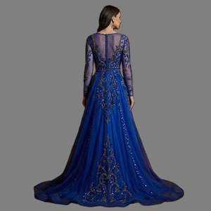 Robe de soirée bleu roi brodée en tulle, luxueuse, ornée de sequins et de perles, à manches longues, pour occasions formelles, vente en gros, fournisseur en vrac - Product Image 2