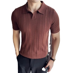 Polo col en v pour homme 2024 été T-shirt en tricot à manches courtes de couleur unie Jacquard à rayures creuses pour homme - Product Image 4