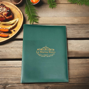 Carpeta de Menú de Cuero PU Verde A4 de Alta Calidad, Diseño de Resort Forestal de Lujo, Grabado Dorado, Hermoso Logotipo Personalizado Hecho a Mano - Product Image 1