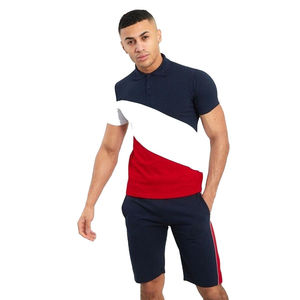 Men's Navy Blue Color Block Polo Shirt And Shorts <b>Set</b> Two Piece Slim Fit Polo Tee With Matching Shorts Casual Activewear Lounge - Product Image 1