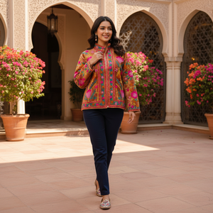 Brown Velvet Embroidery Bomber Jacket | Pink Floral Needle <b>Work</b> <b>Stand</b> Collar Women Casual Wear Handmade Masterpiece Outerwear - Product Image 6