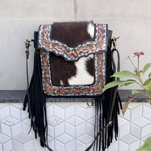 2026 Latest Fashion Hand Tooled Carving Leather Fringe Handbag Cowhide Fur Gypsy Boho Vintage Handmade Cross body <b>Shoulder</b> Bag - Product Image 1