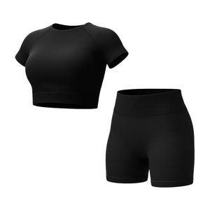 Ensemble de yoga 2 pièces violet, haut court à col rond, short taille haute, sans couture, couleur unie, spandex, polyester - Product Image 4
