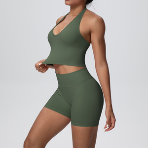 Conjunto de Yoga de 2 Piezas para Mujer, Verde Oliva, Top Corto Halter, Pantalones Cortos de Cintura Media, Sin Costuras, Transpirable, Cintura Elástica - Product Image 4