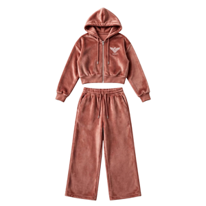 Conjunto de chándal de terciopelo para mujer, sudadera corta con cremallera, pantalones de pierna ancha, conjunto de dos piezas, ropa informal de calle, ropa de descanso, conjunto a juego, venta al por mayor - Product Image 1