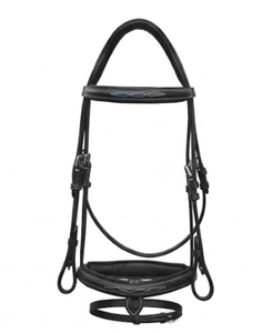 Bridon équestre TAK en cuir noir pleine taille avec muserolle à sangle et surpiqûres blanches, modèle Vt-1194 - Product Image 4