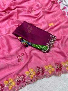 Sari Rangoli de seda suave bordado con motivos florales y trabajo de espejo, sari indio étnico de alta costura para festivales con blusa de diseñador. - Product Image 4