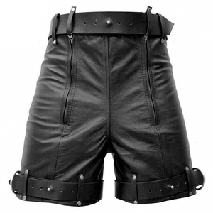 Men's Black Leather <b>Knee</b> Length Shorts <b>High</b> Waist Belted Gothic Style With Rivet Decoration - Product Image 6