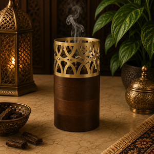 Brûleur Mabkhara en bois sculpté de designer avec bol en laiton, porte-encens Oud Bakhoor, encensoir à charbon, accessoire d'aromathérapie arabe pour la maison - Product Image 3