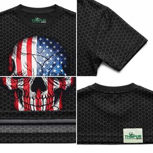 T-shirt à manches courtes en tricot imprimé pour homme, col rond, coupe classique, avec motif de crâne et drapeau américain - Product Image 4