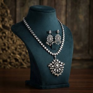 DIVYORO ELEGANT Oxidized Silver Plated Ethnic Teardrop Floral <b>Long</b> Adjustable Length Women's Wedding <b>Necklace</b> Set - Product Image 3
