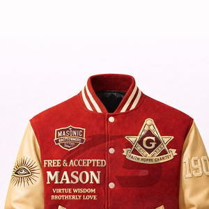 Chaqueta Universitaria Personalizada de Estilo Masónico – Cuerpo de Lana Premium con Mangas de Cuero PU y Símbolos Bordados - Product Image 2