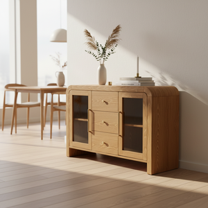 ตู้ไซด์บอร์ด ตู้บุฟเฟ่ต์ห้องนั่งเล่น ตู้คอนโซลพร้อมลิ้นชักกลางสามช่องและกระจกด้านข้างสองด้าน ดีไซน์ทันสมัย สีสันโดดเด่น - Product Image 2