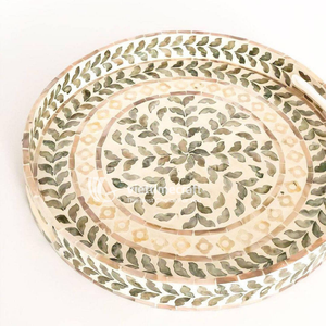 Mosaic Inlaid <b>Tray</b>, Round Mother of Pearl Inlaid Serving <b>Tray</b>, Luxury Blue Teardrop & Leaf Pattern Decorative <b>Tray</b> with Handles - Product Image 2