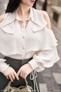 Women's Ivory Cold Shoulder Ruffle Blouse <b>Layered</b> Flounce Long Sleeve Chiffon Shirt Elegant Feminine Casual <b>Top</b> STELA - Product Image 3