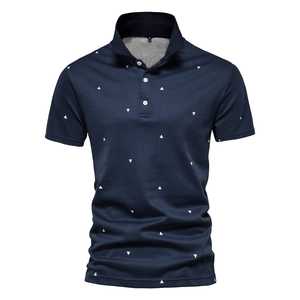 Navy Blue Short Sleeve <b>Polo</b> Shirt With <b>White</b> Geometric Pattern Slim Fit Casual Knitted T-Shirt - Product Image 1