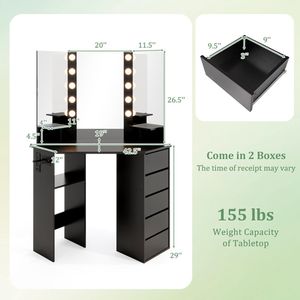 Toeletta angolare con specchio LED a 3 colori e presa di corrente per trucco e toeletta - Product Image 5
