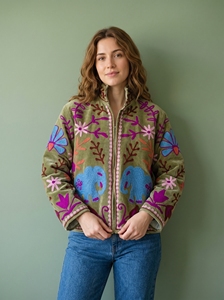 Chaqueta de Terciopelo Bordada para Mujer, Color Verde Oliva, con Bordado Floral de Elefantes Coloridos, Estilo Boho, Forro de Algodón - Product Image 2