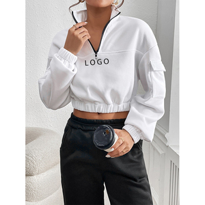 Sweat-shirt court blanc à demi-zip avec logo imprimé, poche avant, manches classiques, coupe ample, style décontracté, idéal pour l'automne - Product Image 4