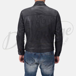 Chaqueta de cuero negra para hombre, estilo racer, piel de oveja auténtica de primera calidad, corte ajustado, cuello alto, con cremallera, informal, a la moda, para motocicleta. - Product Image 4