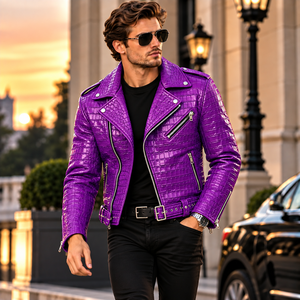 <b>Men's</b> <b>Purple</b> Genuine Leather Embossed Biker Jacket with Silk Lining Breathable Stand Collar Zipper Closure Winter Ready - Product Image 2