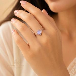 Natural Lavender Quartz <b>Ring</b> 1 Ct Round Purple Gemstone Halo Engagement <b>Promise</b> <b>Ring</b> Custom Fine Jewelry for <b>Women</b> - Product Image 4