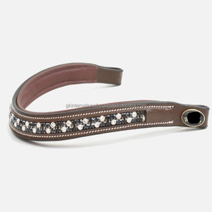 สายคาดหน้าผากม้าหนังแท้สีดำหรือสีน้ำตาลเย็บด้ายสีขาว ตกแต่งด้วยคริสตัลลายตารางหมากรุกสีดำและสีขาว - Product Image 1