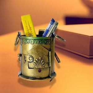 Premium Handmade Iron Angitti Pen Stand Vintage Style <b>Desk</b> Organizer Golden Brass Finish for Office <b>Study</b> Home Decorative - Product Image 2