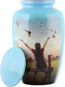 Urna funeraria azul para cenizas humanas, diseñada para guardar respetuosamente las cenizas de adultos después de ceremonias funerarias y conmemoraciones. - Product Image 3