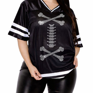 Camiseta de fútbol americano de malla con gráfico de esqueleto y pedrería de lujo para mujer, de manga corta, transpirable, oversize, estilo streetwear, al por mayor - Product Image 2