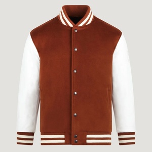 Veste universitaire en laine marron pour homme, manches blanches, col rabattu, boutonnage frontal, style formel, coupe ample, réversible, coupe-vent, hiver - Product Image 1