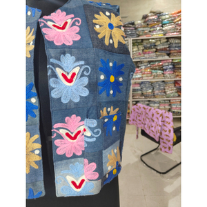 Denim Embroidered Vest Women's Sleeveless <b>Patchwork</b> <b>Jacket</b> Handmade Floral Design Spring Boho Style Outerwear gift for her - Product Image 3