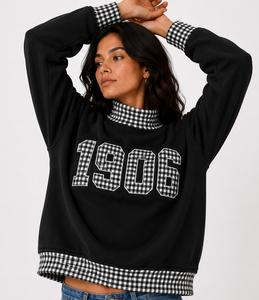   Pull molletonné surdimensionné à col roulé pour femme, motif gingham et pois, avec logo personnalisé, épaules tombantes, vente en gros OEM - Product Image 1