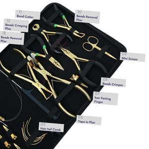Kit d'outils pour extensions de cheveux dorées, comprenant une pince microlink de 7 pouces, une pince de serrage de perles, un coupe-keratine et des accessoires de salon - Product Image 4