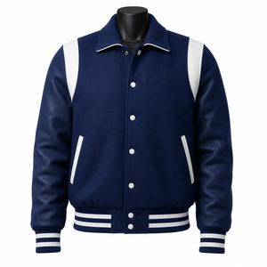 Chaqueta Letterman Azul, Cuerpo de Lana, Cuello Alto, Resistente al Viento, Transpirable, Ecológica, Unisex, Invierno, Proveedor de Logotipos Personalizados - Product Image 1