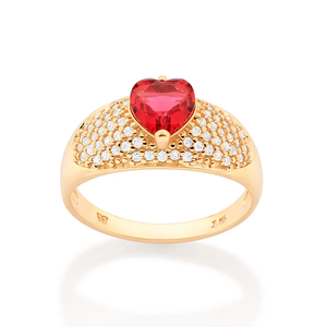 Women's Solid 18K Real <b>Gold</b> Plated <b>Cocktail</b> <b>Ring</b> Heart Cut Red Zircon Pave Setting Romantic Style Jewelry - Product Image 1