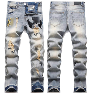 Jeans décontractés en denim tricoté imprimé pour homme, coupe droite, délavés et déchirés, style streetwear, taille moyenne, personnalisables en usine - Product Image 2