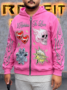 Custom <b>Pink</b> Rhinestone Graphic Zip <b>Hoodie</b> Unisex Regular Fit Formal 100% Cotton Eco-Friendly Breathable Flame Skull Heart - Product Image 5