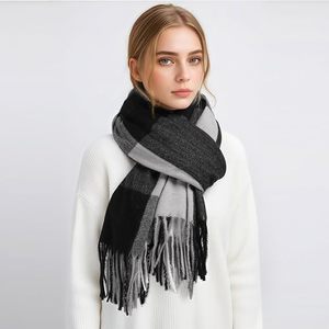 Women Reversible <b>Wool</b> Checkered Long <b>Scarf</b> With Tassel Fringe Winter Fashion Accessory For Daily Wear - Product Image 1