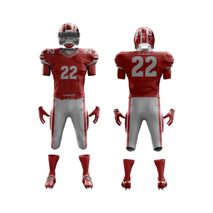 Custom American Football Uniform Set Red Gray 22 Player Jersey Pants Gloves <b>Socks</b> Sublimated Print <b>Moisture</b> Wicking Men's - Product Image 3