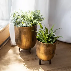 Juego de 2 Macetas Metálicas Doradas con Patas, Macetas Decorativas para Interiores con Aspecto Texturizado para Sala de Estar, Mesa, Estante, Decoración del Hogar y Oficina - Product Image 3