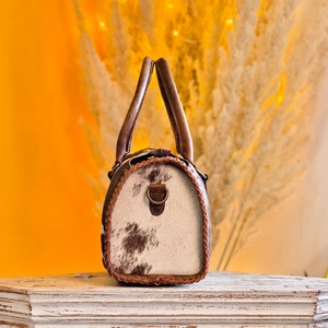 2026 Trending Designer Hand <b>Tooled</b> Brown & White Fur 100% Genuine <b>Leather</b> Mini Speedy Duffle Bag Vintage Style Handbag For Women - Product Image 2